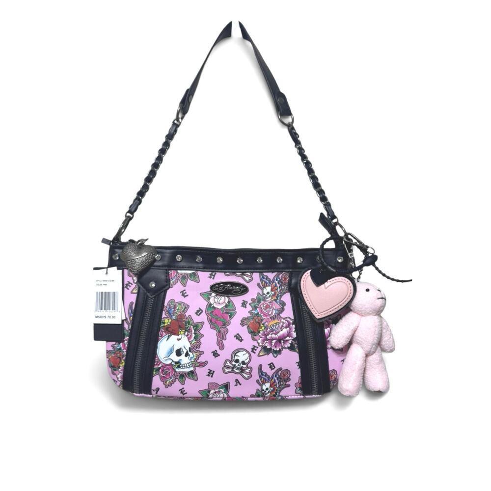 Ed Hardy Pink Tattoo baquete Shoulder Bag Skull, Rose Graphics, Charms Zip